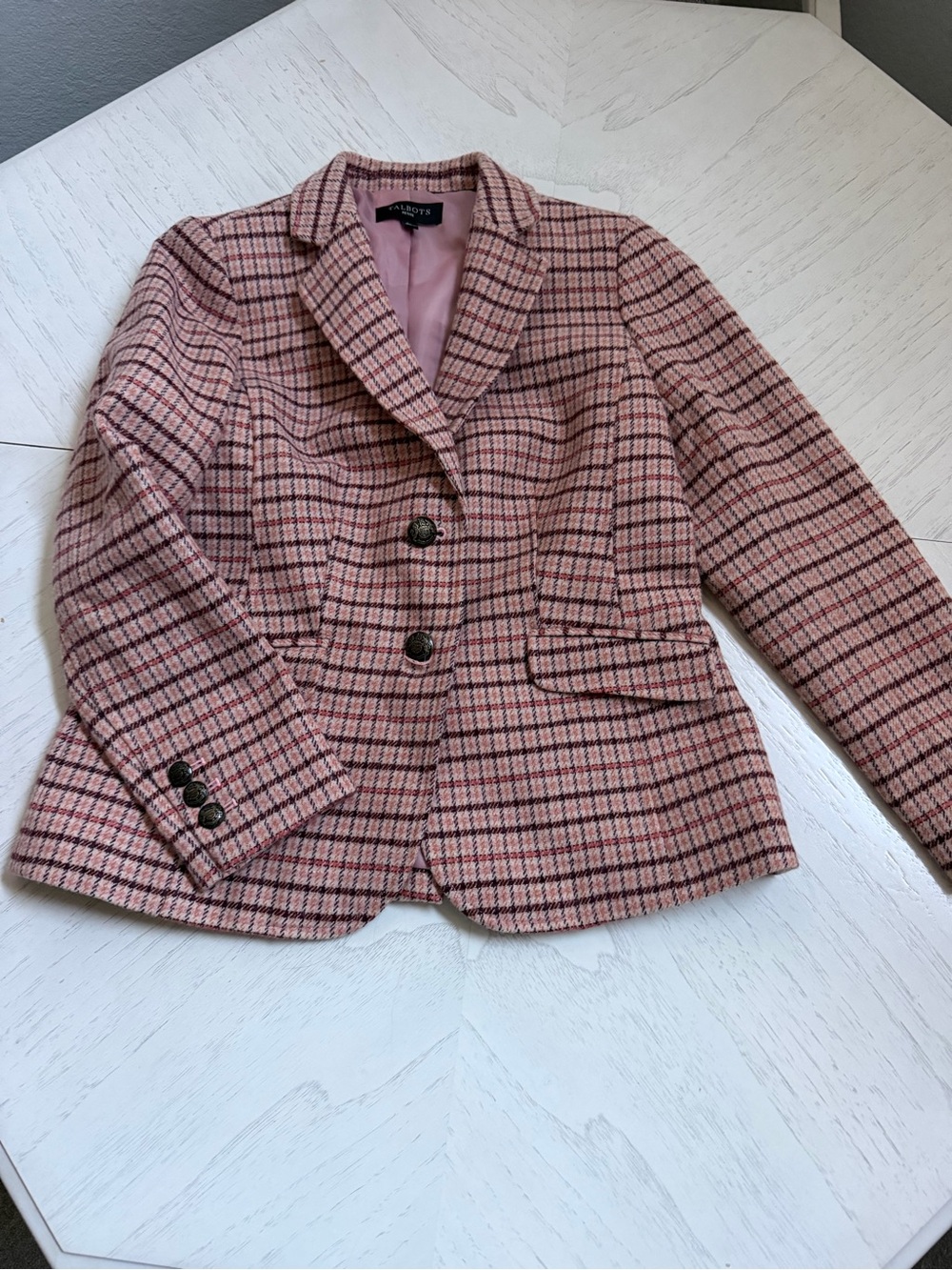 Talbots Plaid Wool Blend Blazer Pink Burgundy Classic Fit 6P Academia Business